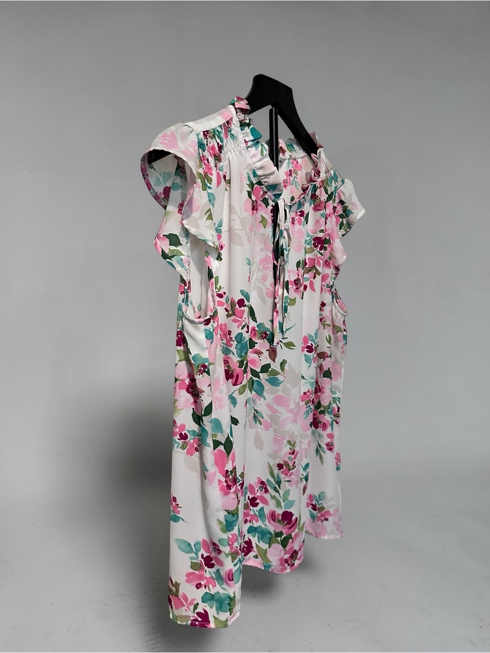 Counterparts White Pink & Green Floral Tie-Neck Cap-Sleeve Blouse - Picture 3 of 6